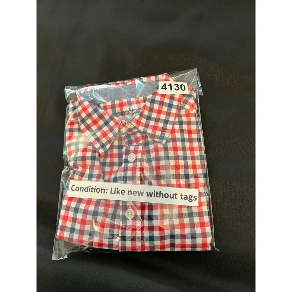 OshKosh Bgosh Toddler Boys Red White Blue Gingham Plaid Shirt 5T Short Sleeve